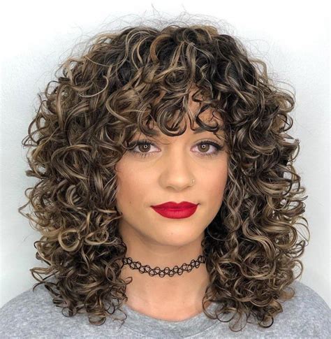Mid Length Curly Hairstyle With Curly Bangs Curlybangs Mid Length