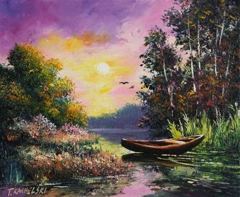 Autumn Landscape River Boat Original Impasto Oil Painting Forest Sunset