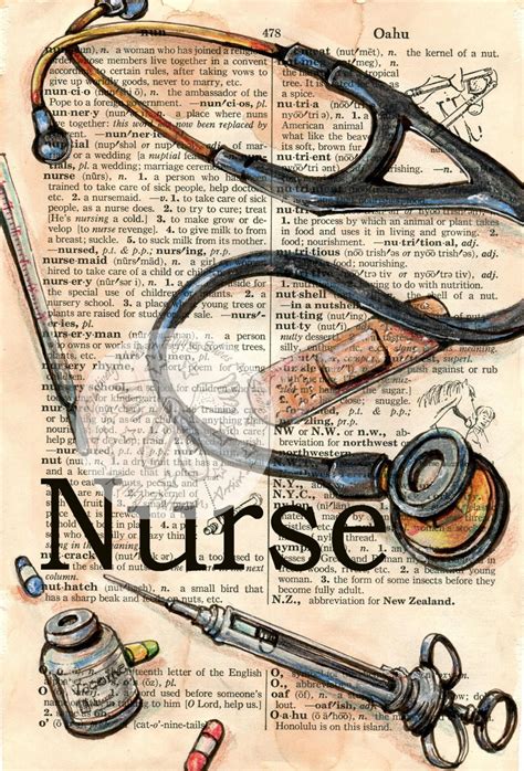 Print Nurse Mixed Media Drawing On Distressed Dictionary Page Nurse
