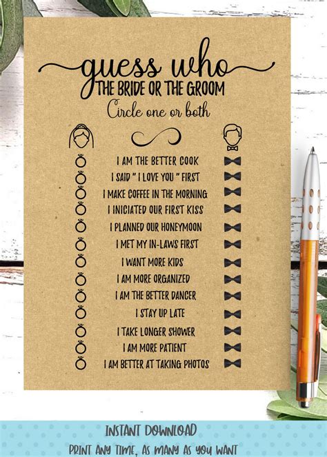Guess Who Bride Or Groom Bridal Shower Game Printable Bride Etsy Couples Bridal Shower