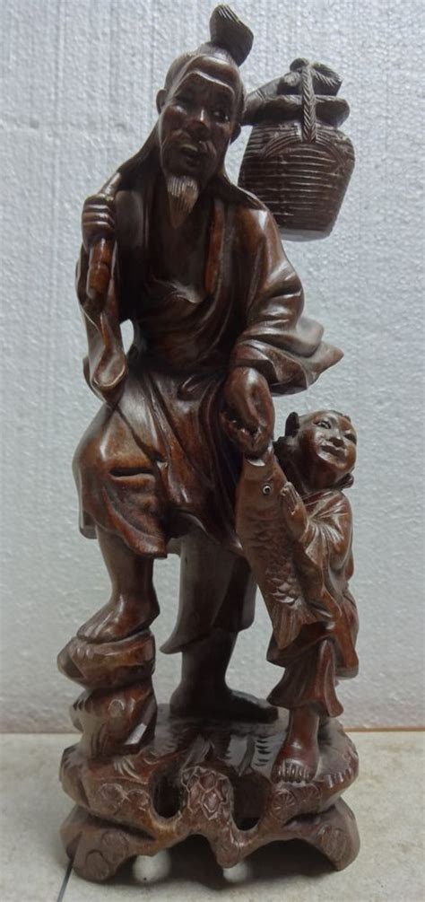 Details About Antique Chinese Hand Carved Fisherman And Child