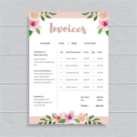 Watercolor Floral Flower Invoices Template Design Invoice Design