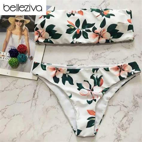 belleziva sexy bandeau swimsuit floral print padded women bikini set female summer bathing suit