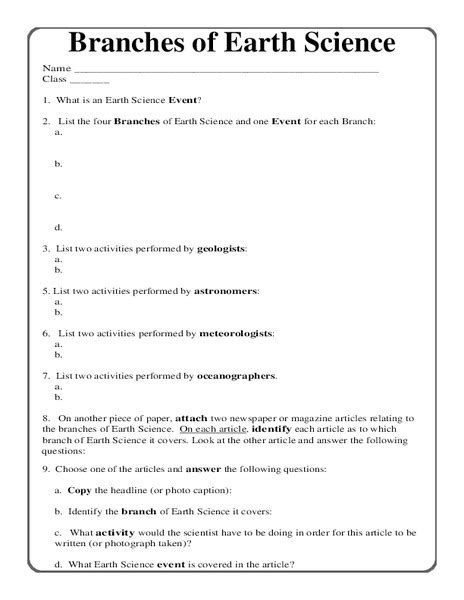 The Branches Of Science Worksheet