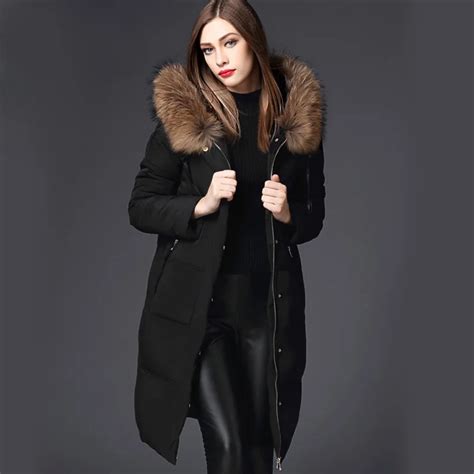 New Big Raccoon Fur Hood Winter Duck Down Jacket Women Parka Natural