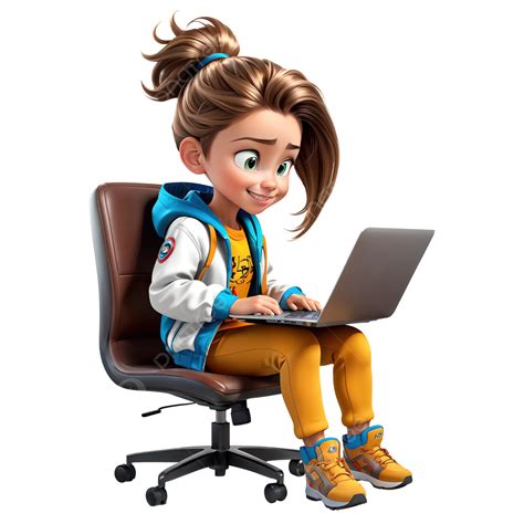 3d Girl Character Playing On Laptop With Hair Tied Up 3d Character