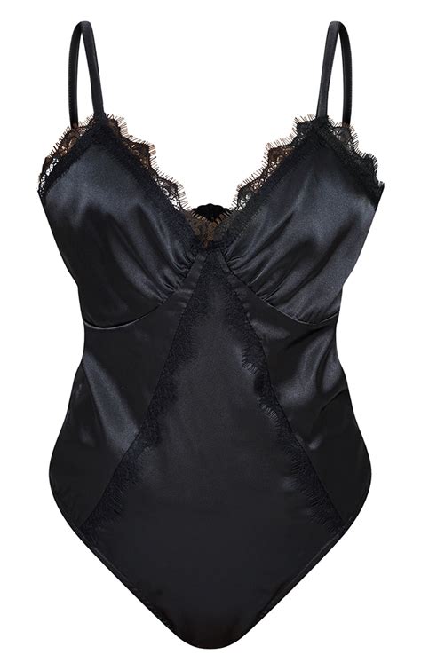 Black Satin Lace Trim Detail Bodysuit Tops Prettylittlething Usa