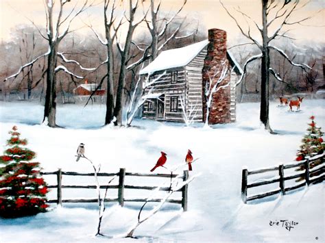 Winter Snow Folk Art Country Scene Log Cabin Fence Snow
