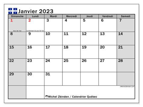 Calendrier Janvier 2023 à Imprimer “québec” Michel Zbinden Ca