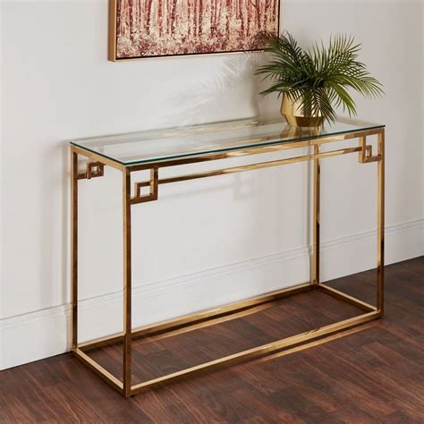 Gold Stainless Steel Metal Console Table With Glass Top