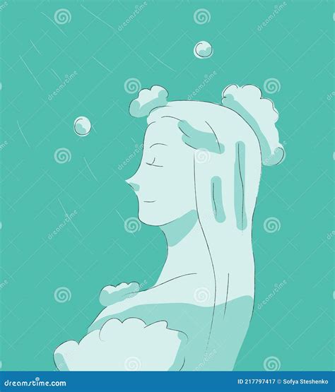 Hand Drawn Girl Take A Shower Monochrome Blue Color Stock Vector Illustration Of Adult