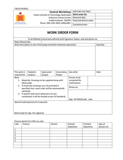 Printable Work Order Form Templates At