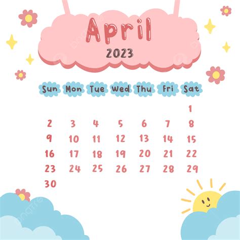 April 2023 Monthly Calendar Cute Design Transparent Background With