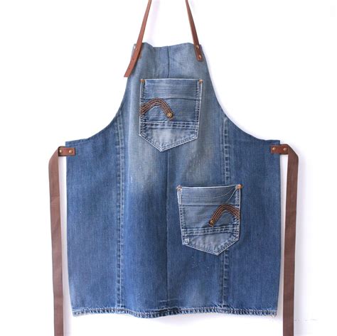Sturdy Blue Denim And Brown Leather Apron With Two Pockets Leather