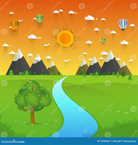 River Flowing Through Mountains Hills And Through Fields Stock Vector