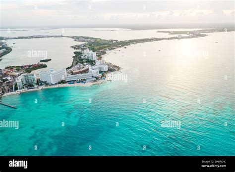 Aerial Panoramic View Of Cancun Beach And City Hotel Zone In Mexico