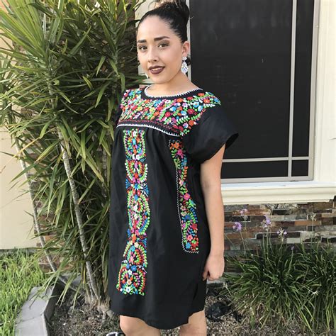 Mexican Traditional Mini Dress Floral Embroidery Oaxaca Mexican