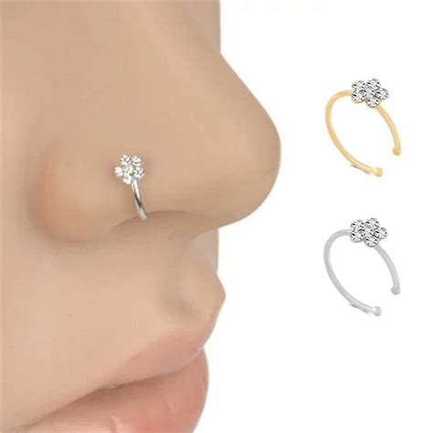 Men Women Fake Crystal Nose Piercing Body Jewelry Floral Nose Hoop Nostril Nose Ring Tiny Flower