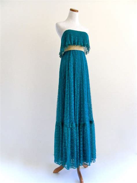70s Boho Pleated Lace Tiered Ruffle Hippie Maxi Gown Wedding Etsy