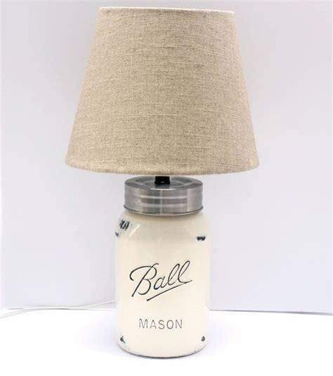 Gallon Sized Mason Jar Lamp With Linen Shade Antique White Distressed