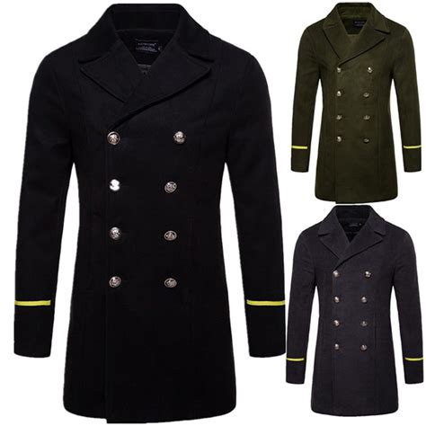 Fashion Solid Color Long Sleeve Double Breasted Mens Woolen Coat