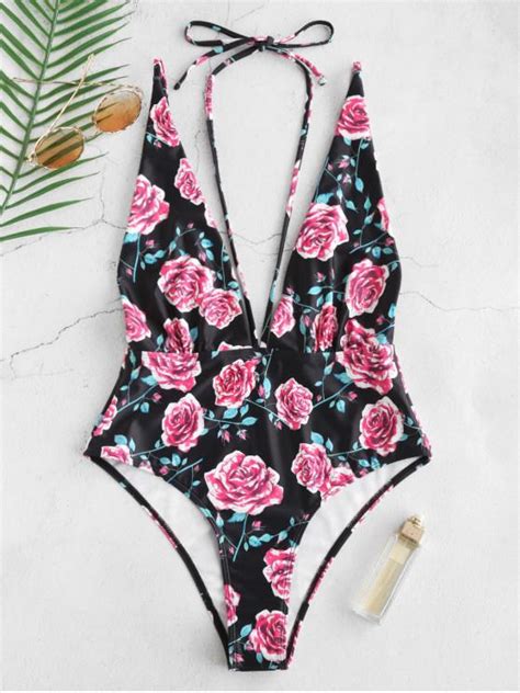 20 Off 2021 Zaful Floral Backless Plunge High Cut Swimsuit In Multi