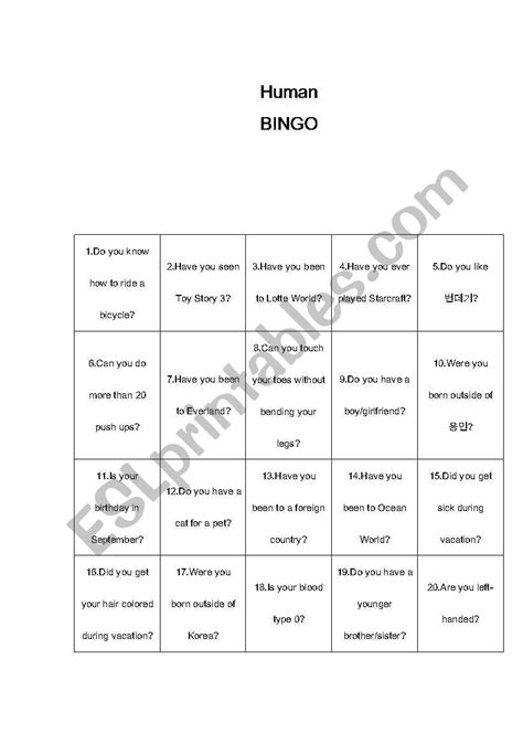 English Worksheets Human Bingo