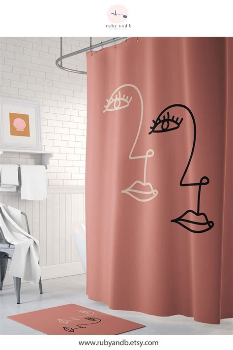 Line Art Shower Curtain Bath Mat Terracotta Decor Etsy Uk