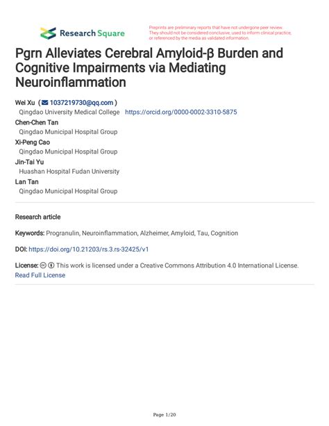 Pdf Pgrn Alleviates Cerebral Amyloid β Burden And Cognitive