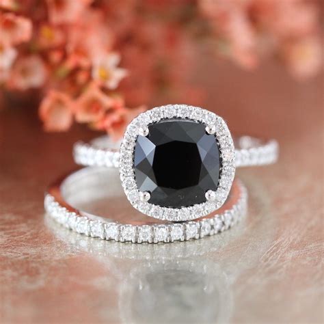Halo Diamond Black Spinel Engagement Wedding Ring Set In 14k