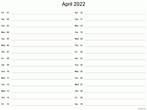 Printable April 2022 Calendar Two Column Notesheet