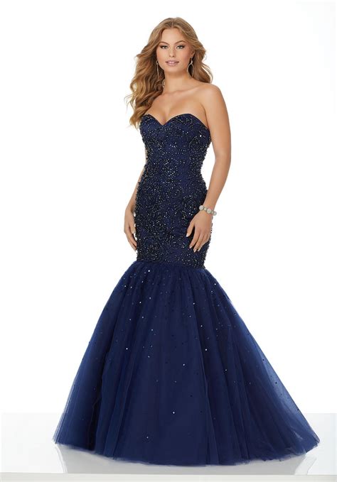 French Novelty Size 6 Navy Morilee 42052 Beaded Tulle Mermaid Prom Dress