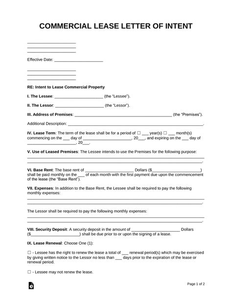 Free Letter Of Intent To Lease Commercial Property Pdf Word Eforms