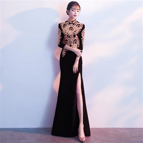 Modern Chinese Wedding Dress Black Cheongsam Sexy Oriental Collars Traditional Evening Gown