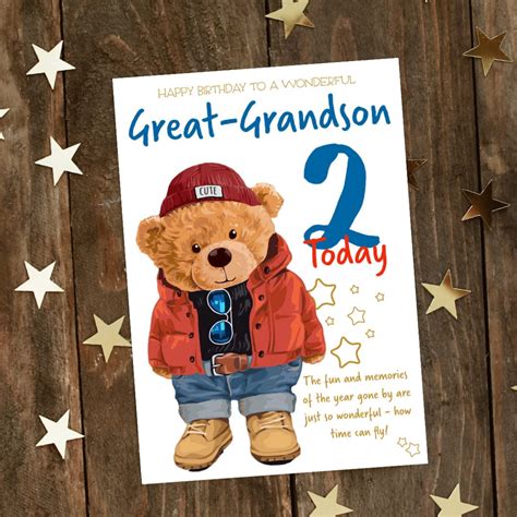 Great Grandson 2nd Birthday Card Cute Bear Art Etsy