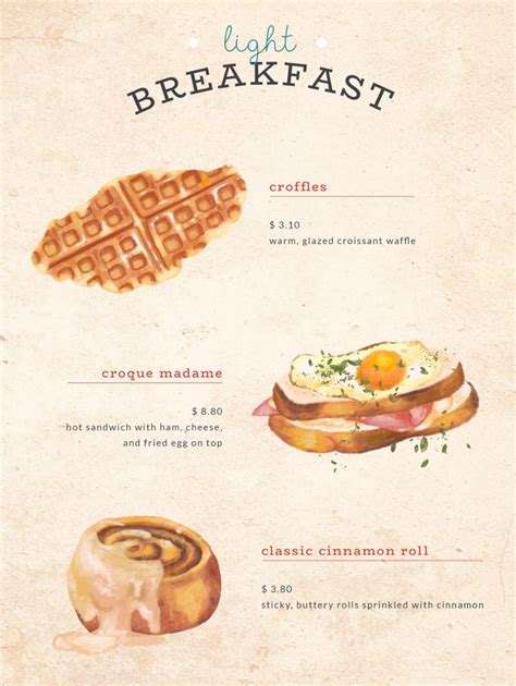 The Breakfast Menu Is Shown With An Egg Waffle And Croissant Roll