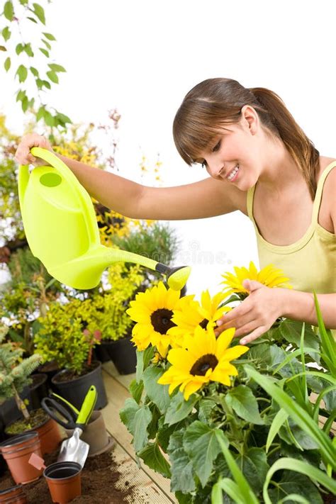 Gardening Woman With Watering Can Pouring Water Stock Image Image