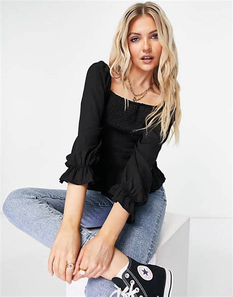 Jdy Shirred Bodice Top With Square Neck In Black Asos