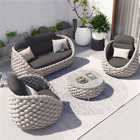 4 Pieces Textilene Rope Woven Outdoor Sectional Sofa Set With