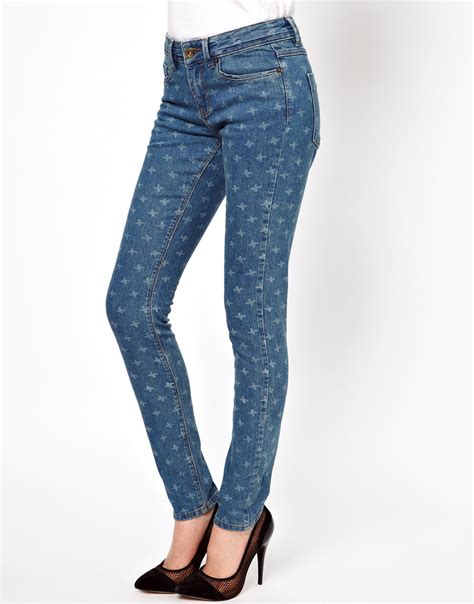 Lyst Asos Skinny Jeans In Geometric Laser Print In Blue