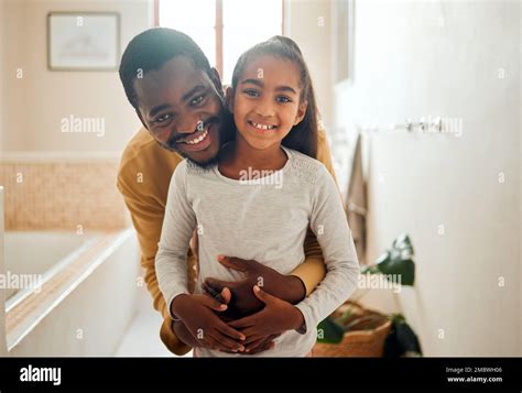 Happy Smile And Portrait Of Father And Daughter In Bathroom For Self Care Hygiene And Skincare