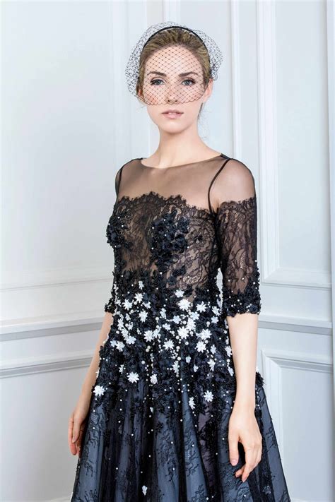 PEARL EMBROIDERED BLACK LACE FLARE LONG DRESS, BLACK/PEARL ...