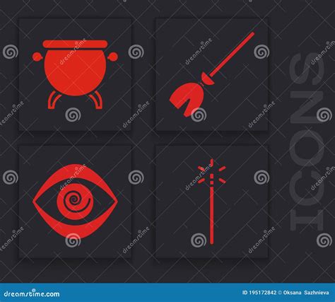 Set Magic Wand Witch Cauldron Witches Broom And Hypnosis Icon Vector