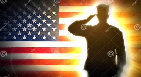 Soldier Salutes The American Flag In The Background Stock Photo
