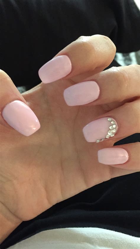 Light Pink Shellac On Short Coffin Shaped Nails Rhinestones On Ring