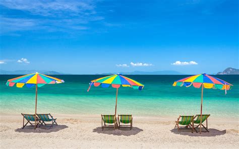 Download Wallpapers Bright Umbrellas On The Beach Summer Tropical Island Ocean Beach Chairs