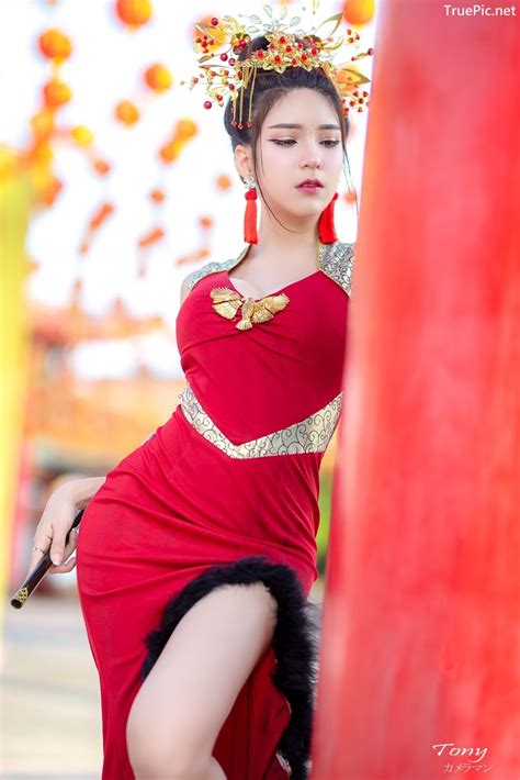 Sexy Chinese Girl Red Dress Traditional Thailand Hot Model Janet