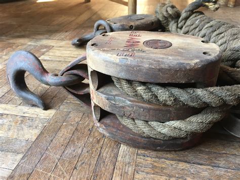 Pair Of Antique Wood Pulleys With Original Rope Large Wood And Iron