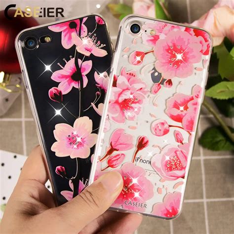 Caseier Flower Rhinestone Phone Case For Iphone 6 6s Plus Glitter Soft Silicone Tpu Cover For