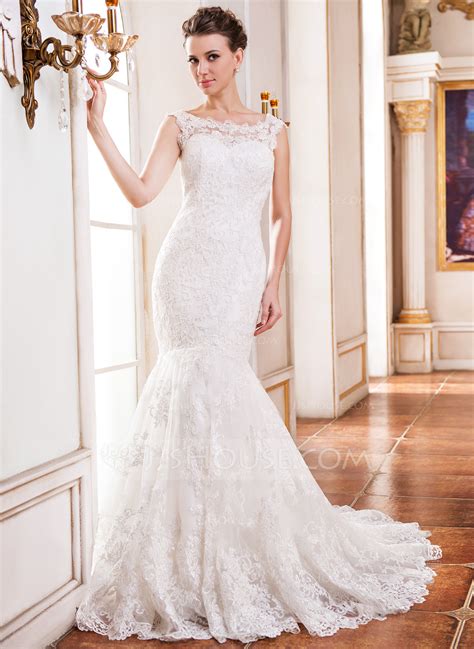 Trumpetmermaid Scoop Neck Chapel Train Tulle Lace Wedding Dress With